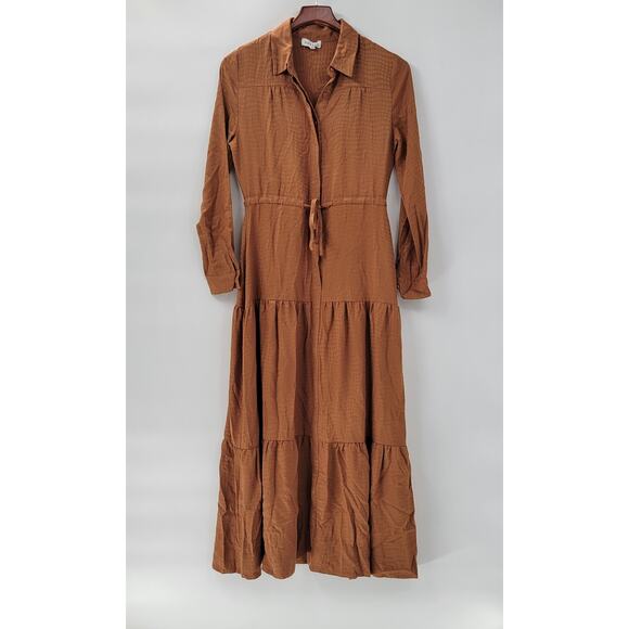 Harper Tiered Shirt Dress Womens XS Brown Embossed Animal Print Button Down Maxi - Picture 1 of 16